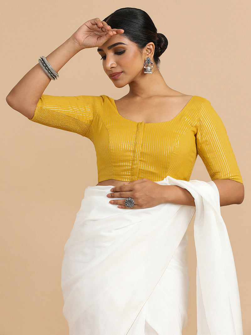 Sonal x Rozaana | Elbow Sleeves Saree Blouse in Turmeric Yellow Silver Stripe Cotton-Binks