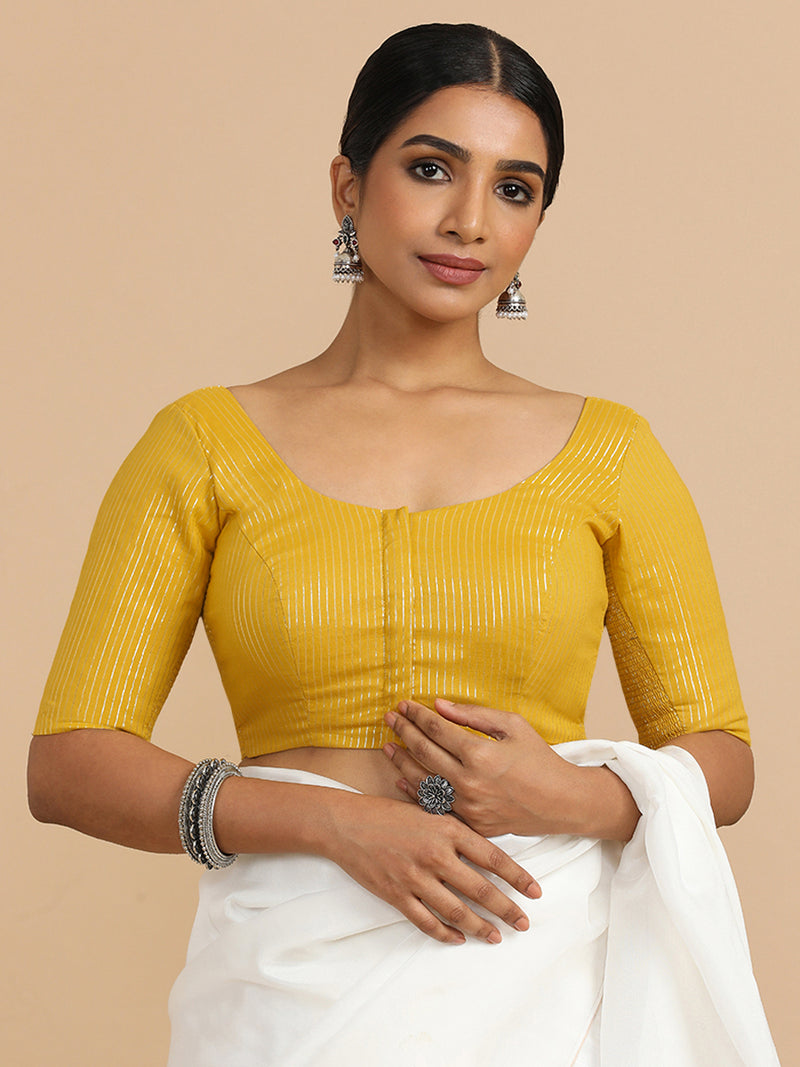 Sonal x Rozaana | Elbow Sleeves Saree Blouse in Turmeric Yellow Silver Stripe Cotton-Binks