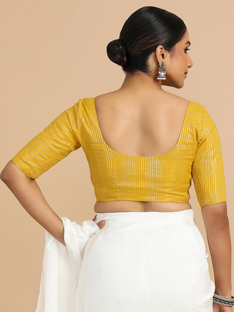 Sonal x Rozaana | Elbow Sleeves Saree Blouse in Turmeric Yellow Silver Stripe Cotton-Binks