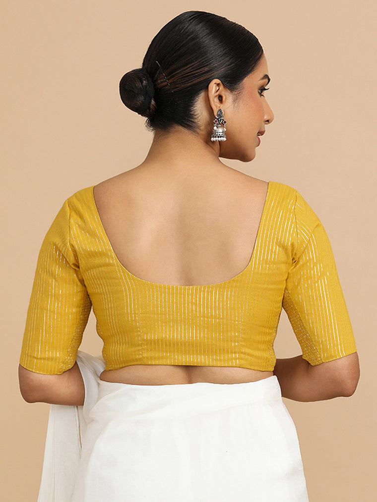 Sonal x Rozaana Saree Blouse, in Yellow 100% Cotton & Lurex, featuring elbow sleeves and round neckline (view 2).