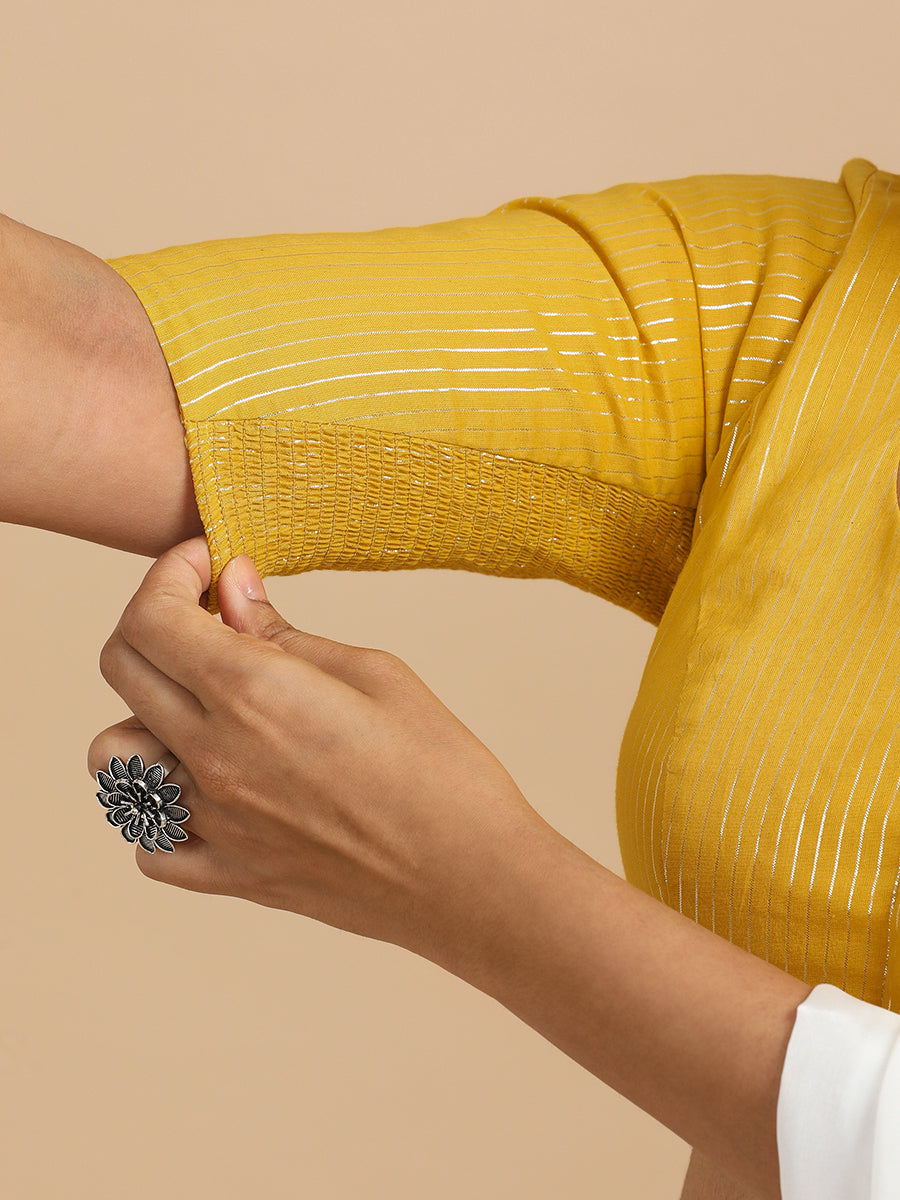 Sonal x Rozaana Saree Blouse, in Yellow 100% Cotton & Lurex, featuring elbow sleeves and round neckline (view 4).