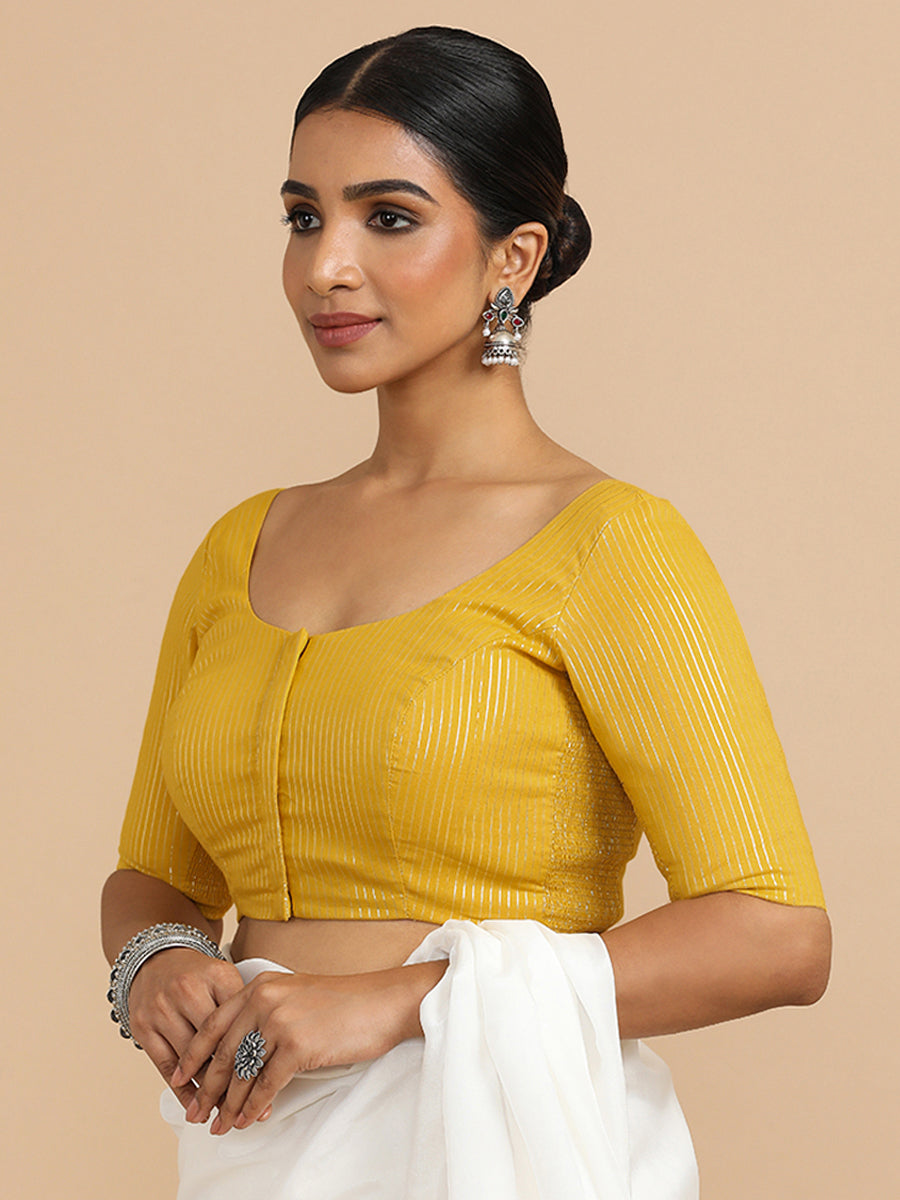 Sonal x Rozaana Saree Blouse, in Yellow 100% Cotton & Lurex, featuring elbow sleeves and round neckline (view 8).