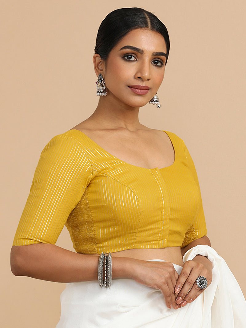 Sonal x Rozaana | Elbow Sleeves Saree Blouse in Turmeric Yellow Silver Stripe Cotton-Binks