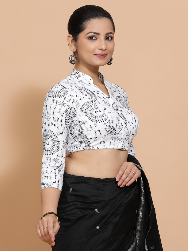 Sonam x Rozaana | Three Quarter Sleeves Cotton Saree Blouse in White Warli Print Fabric-Binks