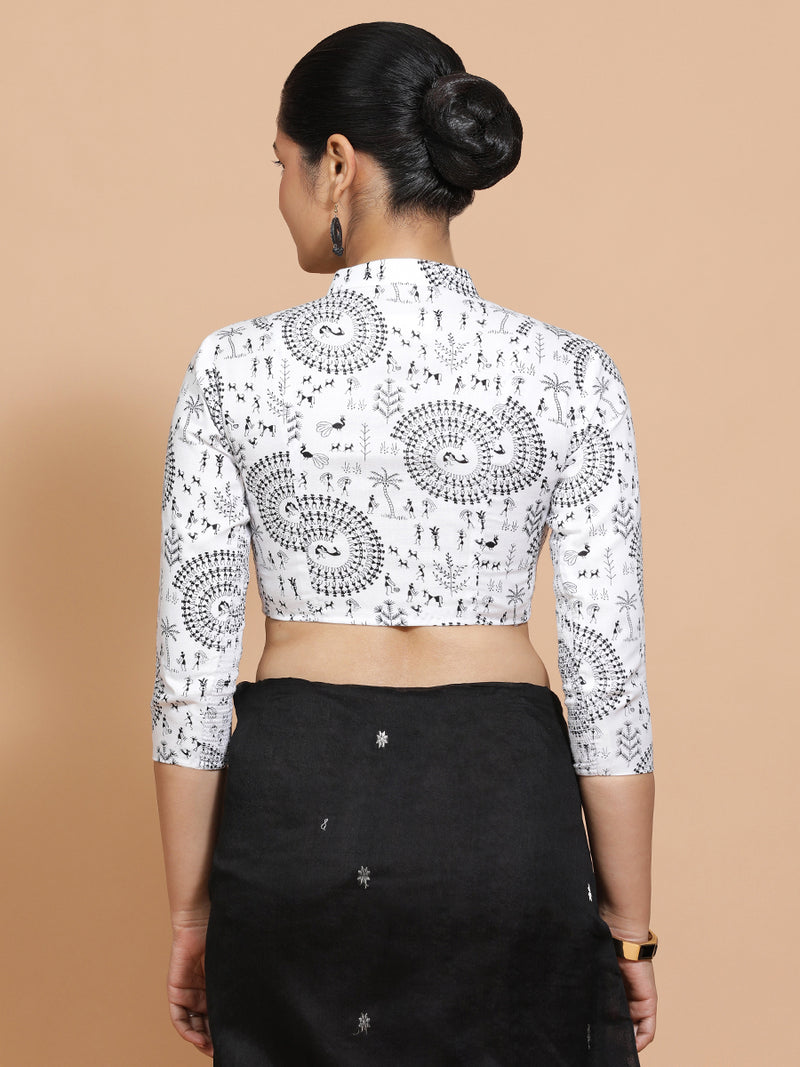 Sonam x Rozaana | Three Quarter Sleeves Cotton Saree Blouse in White Warli Print Fabric-Binks