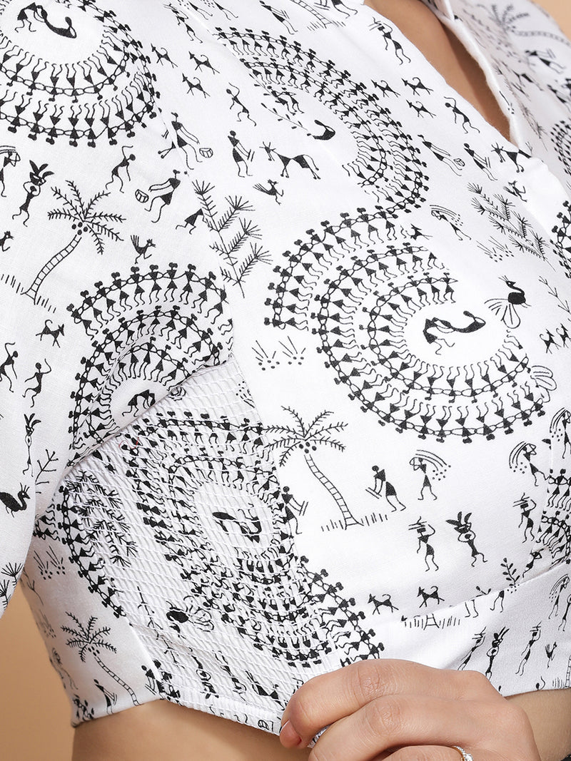 Sonam x Rozaana | Three Quarter Sleeves Cotton Saree Blouse in White Warli Print Fabric-Binks