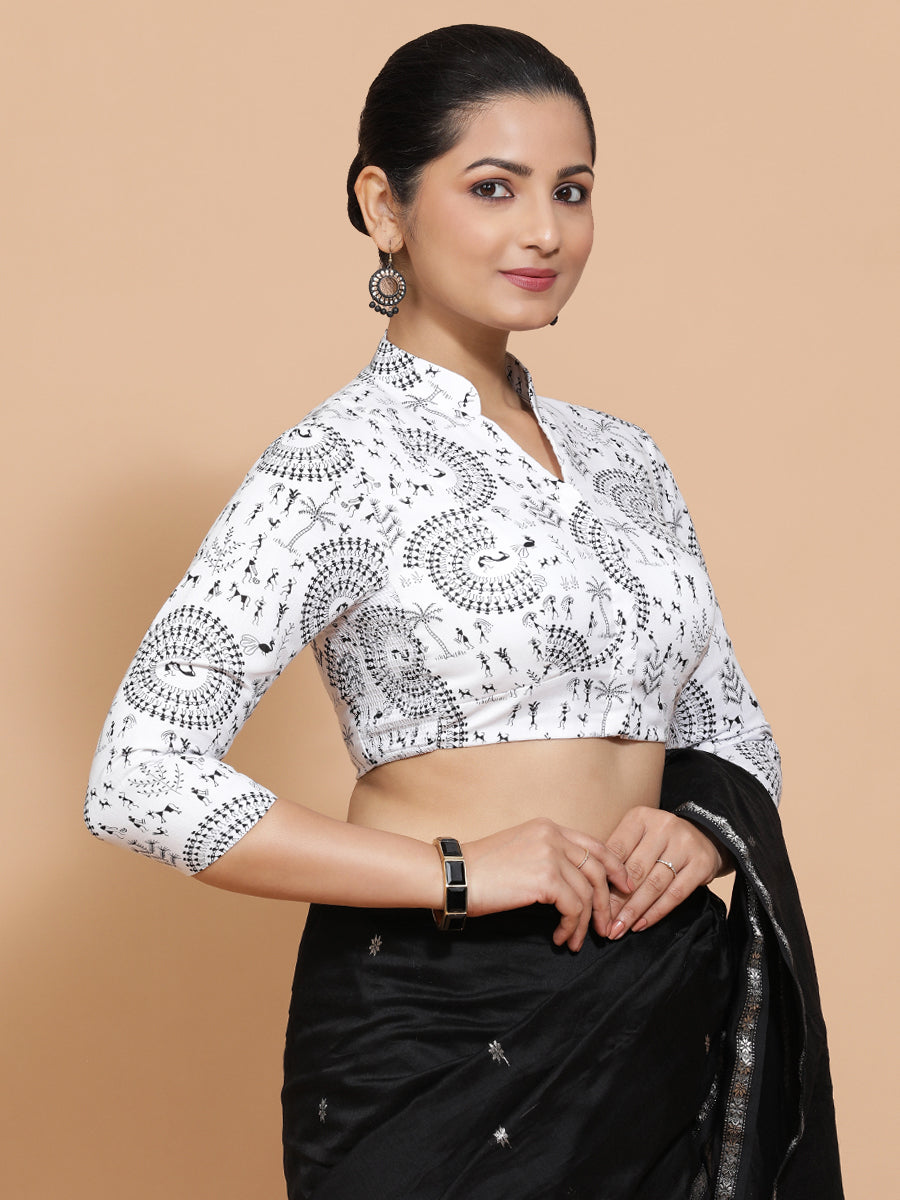 Sonam x Rozaana Saree Blouse, in White Cotton, featuring three quarter sleeves and mandarin collar neckline (view 6).