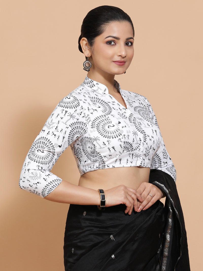 Sonam x Rozaana | Three Quarter Sleeves Cotton Saree Blouse in White Warli Print Fabric-Binks