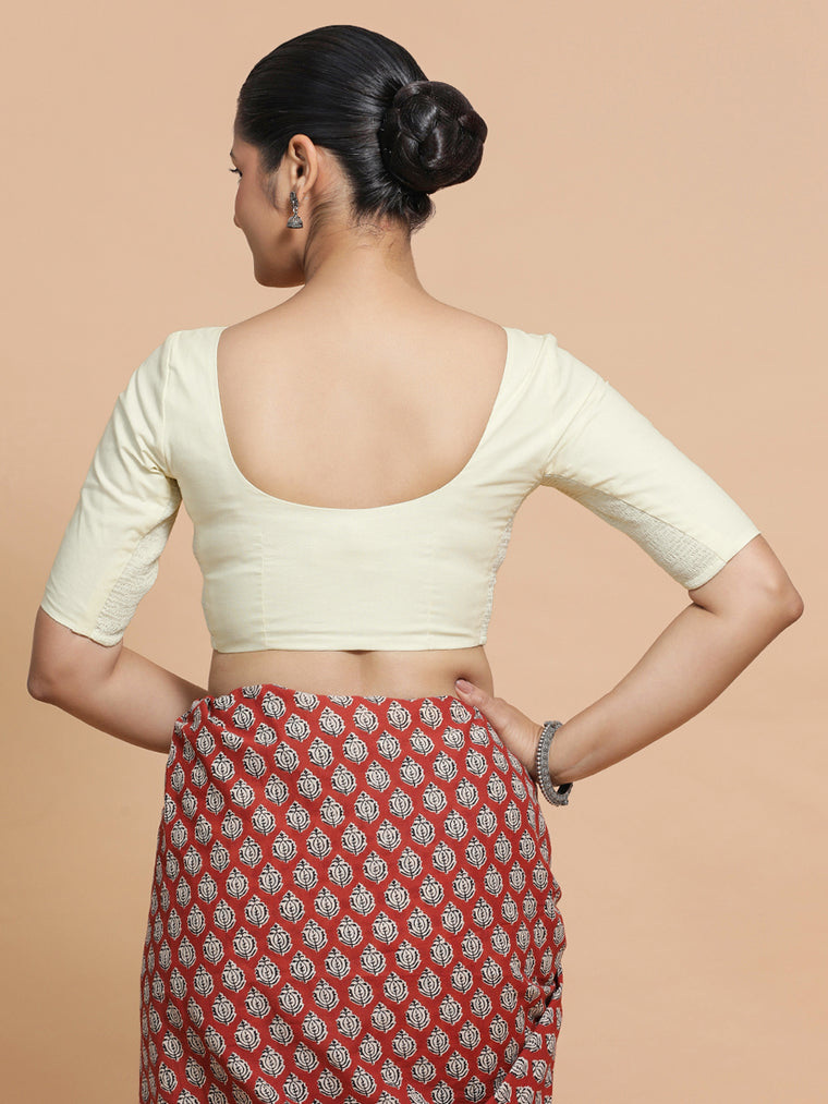 Sonia x Rozaana Saree Blouse, in White Linen, featuring elbow sleeves and v-neckline, made for daily & work (view 2).