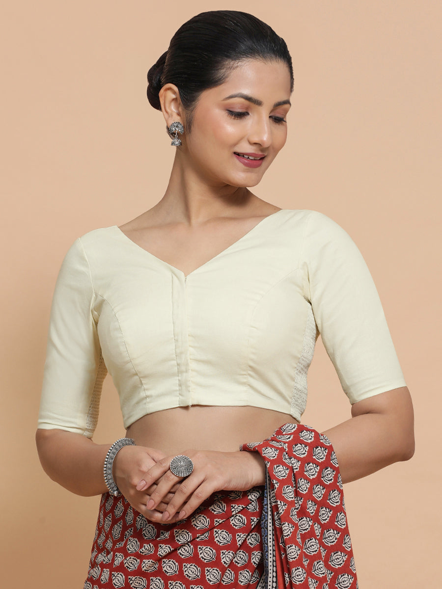 Sonia x Rozaana Saree Blouse, in White Linen, featuring elbow sleeves and v-neckline, made for daily & work (view 5).