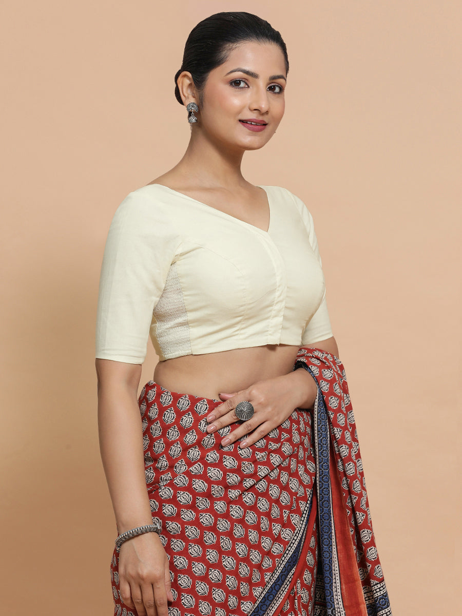 Sonia x Rozaana Saree Blouse, in White Linen, featuring elbow sleeves and v-neckline, made for daily & work (view 7).
