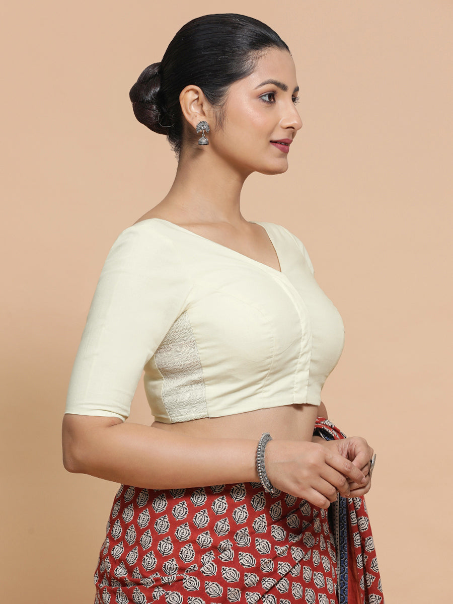 Sonia x Rozaana Saree Blouse, in White Linen, featuring elbow sleeves and v-neckline, made for daily & work (view 8).