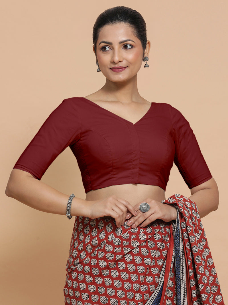 Sonia x Rozaana | Elbow Sleeves Saree Blouse in Cranberry Red Linen-Binks