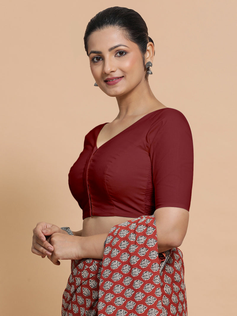 Sonia x Rozaana | Elbow Sleeves Saree Blouse in Cranberry Red Linen-Binks