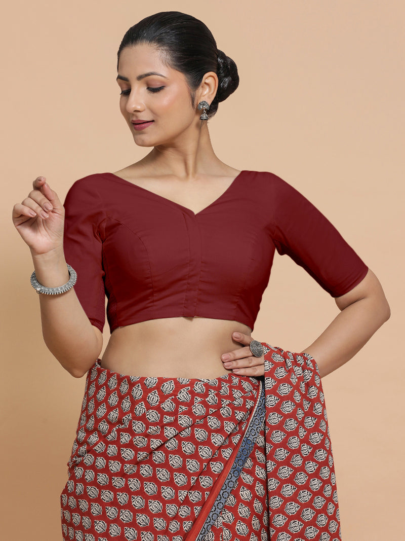 Sonia x Rozaana | Elbow Sleeves Saree Blouse in Cranberry Red Linen-Binks