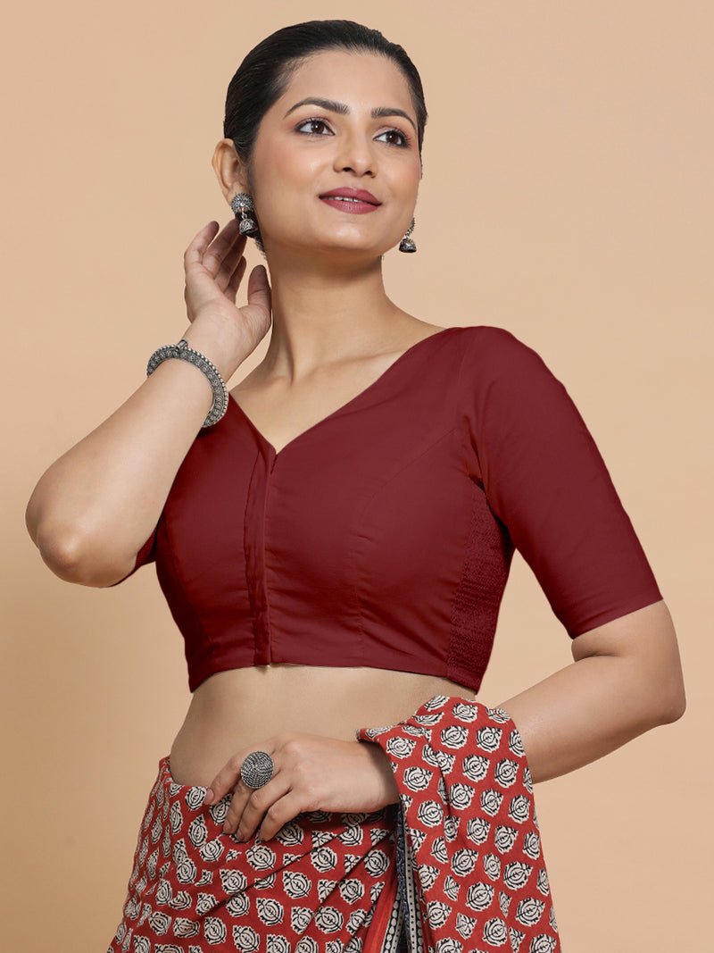 Sonia x Rozaana | Elbow Sleeves Saree Blouse in Cranberry Red Linen-Binks