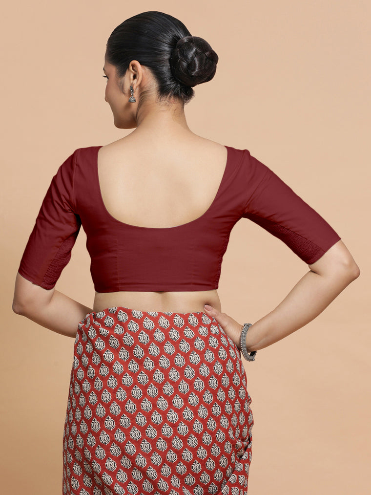 Sonia x Rozaana Saree Blouse, in Red Linen, featuring elbow sleeves and v-neckline, made for daily & work (view 2).
