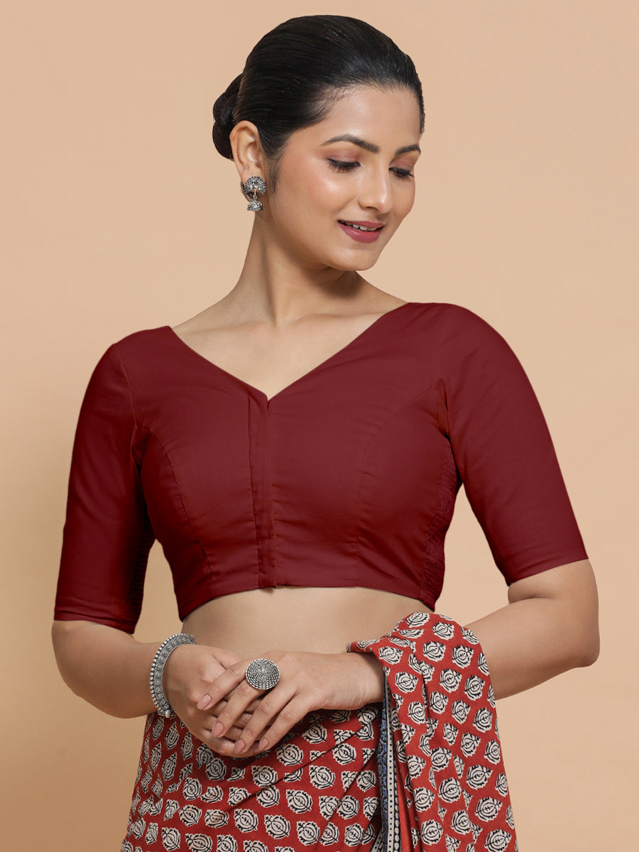 Sonia x Rozaana Saree Blouse, in Red Linen, featuring elbow sleeves and v-neckline, made for daily & work (view 5).