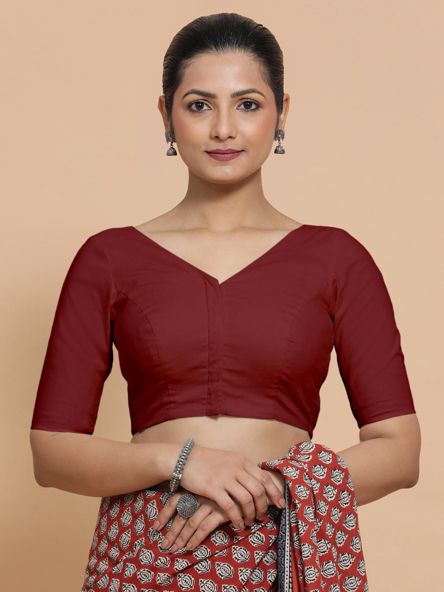 Sonia x Rozaana Saree Blouse, in Red Linen, featuring elbow sleeves and v-neckline, made for daily & work (view 6).