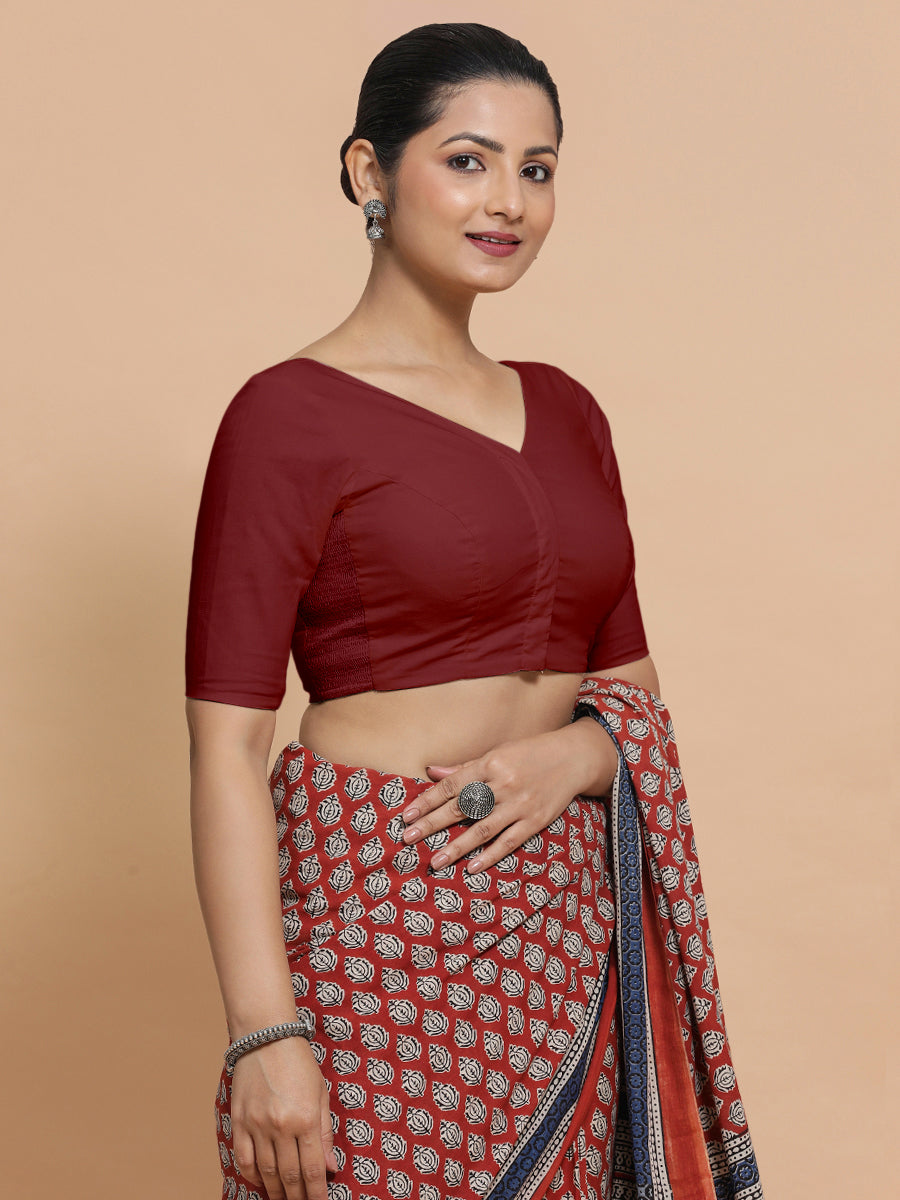 Sonia x Rozaana Saree Blouse, in Red Linen, featuring elbow sleeves and v-neckline, made for daily & work (view 8).