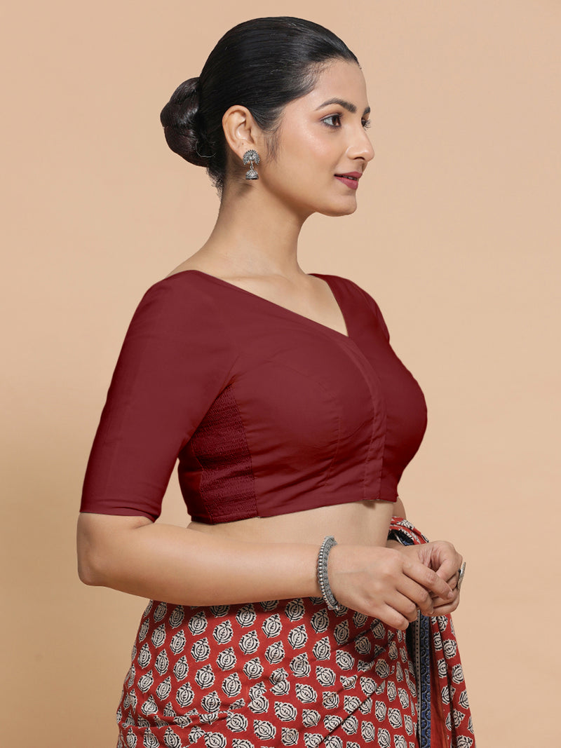 Sonia x Rozaana | Elbow Sleeves Saree Blouse in Cranberry Red Linen-Binks