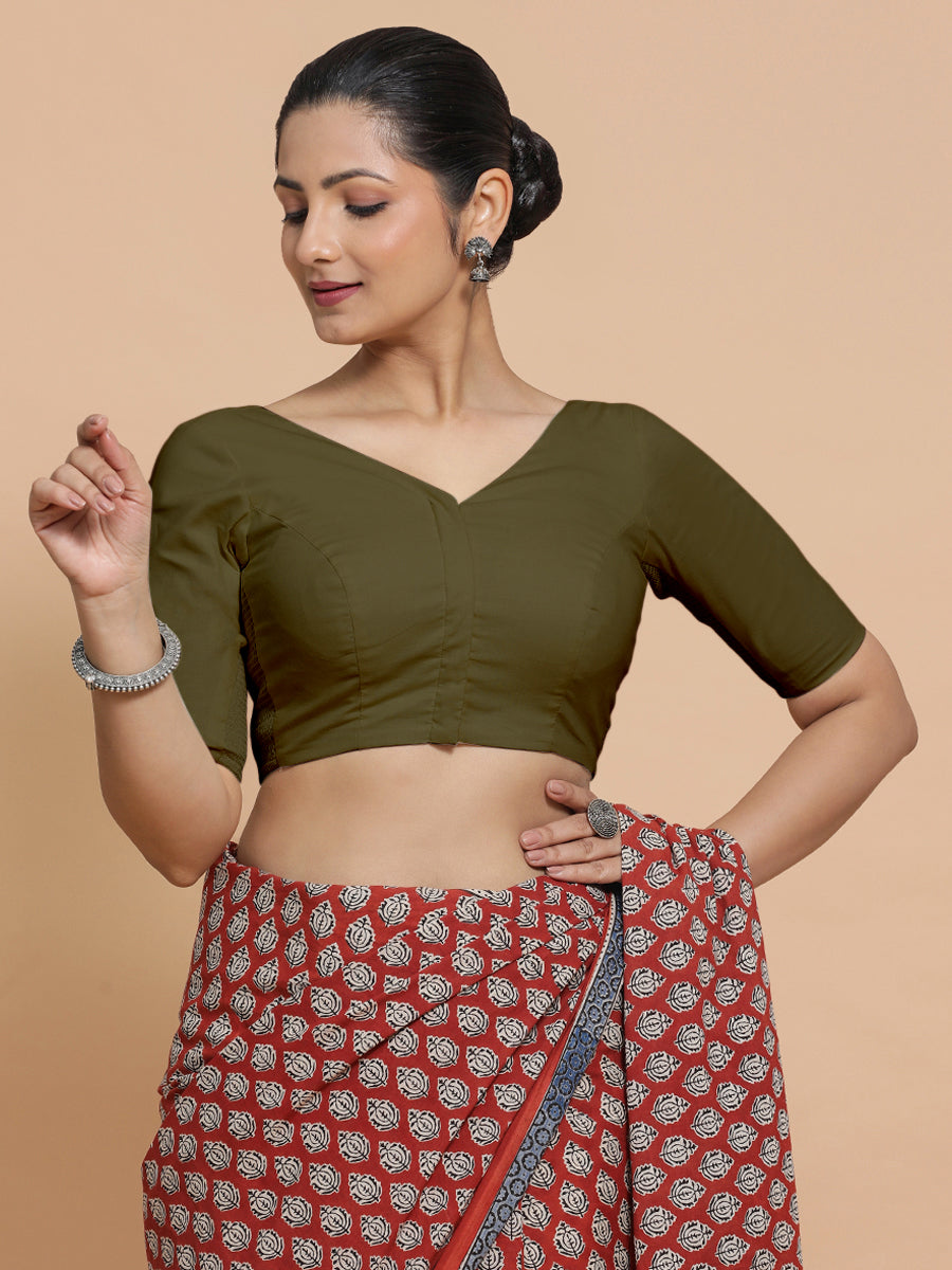 Sonia x Rozaana | Elbow Sleeves Saree Blouse in Deep Olive Green Linen