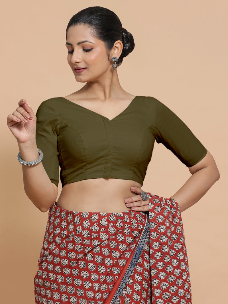 Sonia x Rozaana | Elbow Sleeves Saree Blouse in Deep Olive Green Linen-Binks