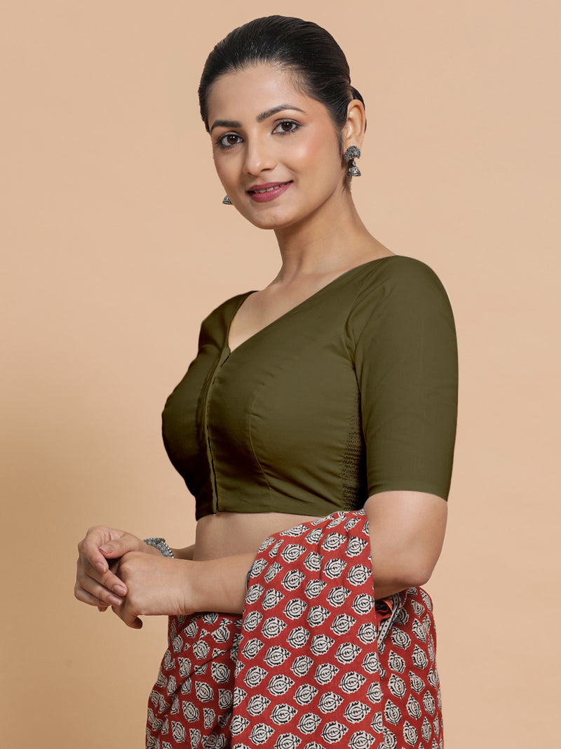Sonia x Rozaana | Elbow Sleeves Saree Blouse in Deep Olive Green Linen-Binks