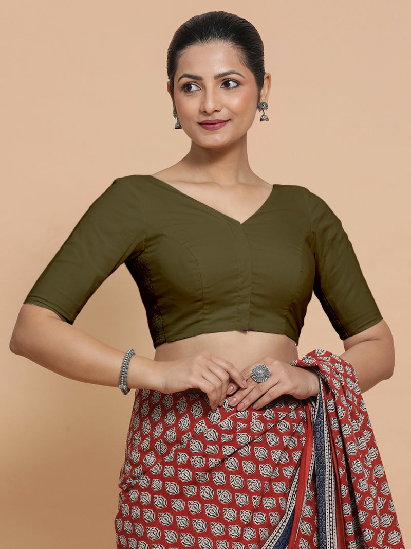 Sonia x Rozaana | Elbow Sleeves Saree Blouse in Deep Olive Green Linen-Binks
