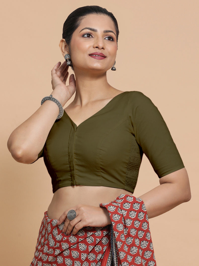 Sonia x Rozaana | Elbow Sleeves Saree Blouse in Deep Olive Green Linen-Binks