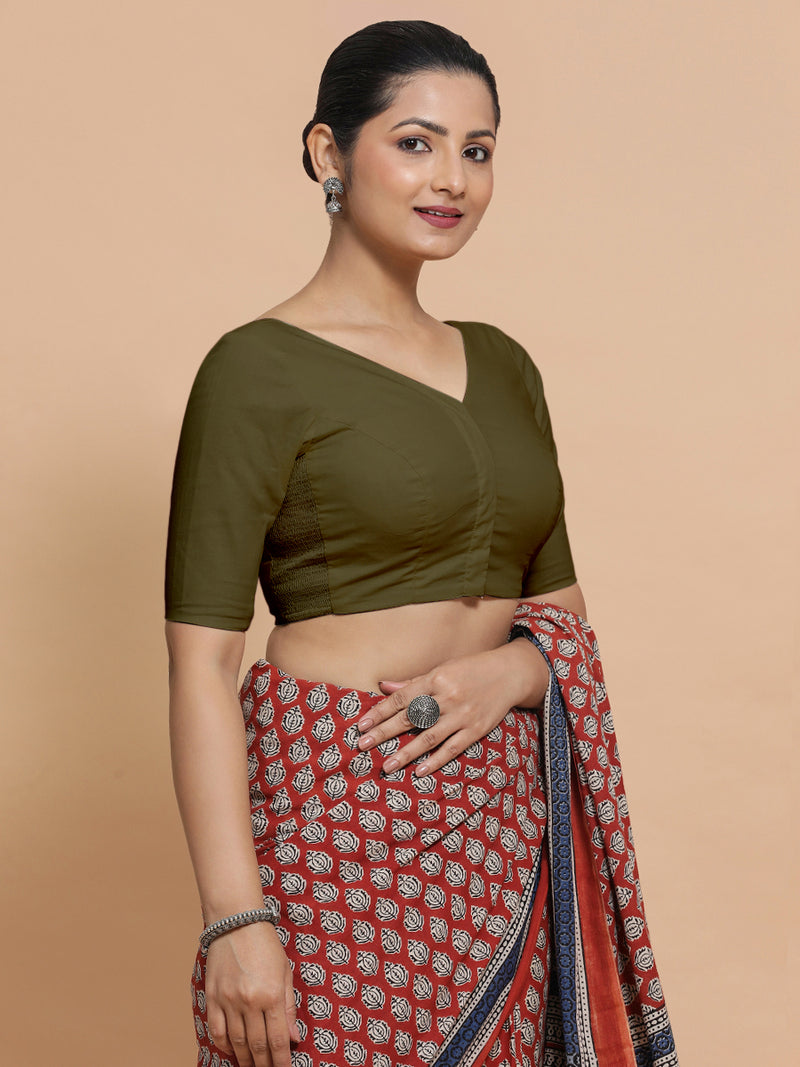 Sonia x Rozaana | Elbow Sleeves Saree Blouse in Deep Olive Green Linen-Binks