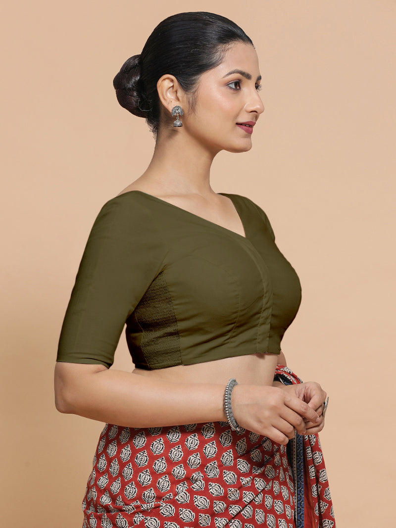 Sonia x Rozaana | Elbow Sleeves Saree Blouse in Deep Olive Green Linen-Binks
