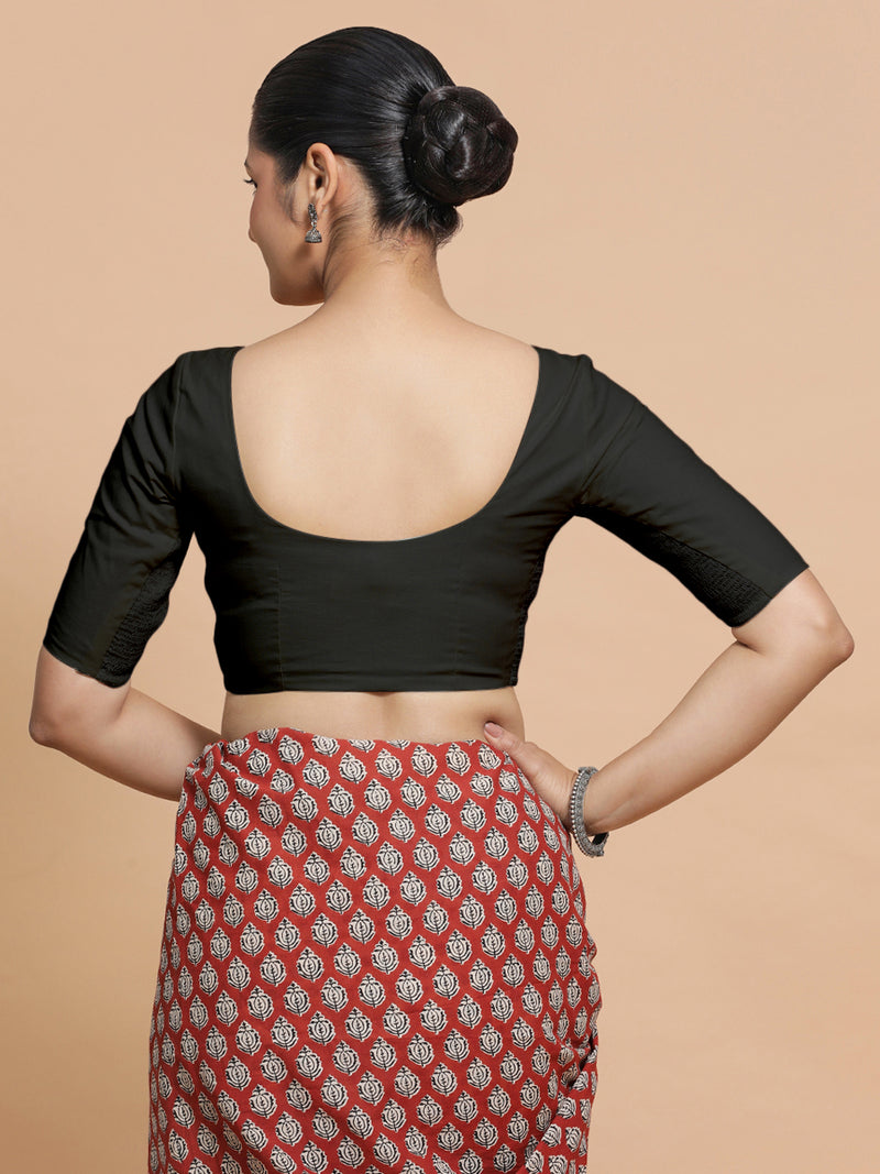 Sonia x Rozaana | Elbow Sleeves Saree Blouse in Ebony Black Linen-Binks