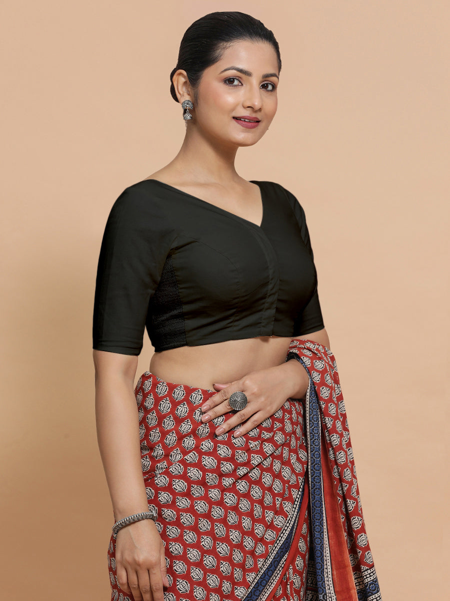 Sonia x Rozaana Saree Blouse, in Black Linen, featuring elbow sleeves and v-neckline, made for daily & work (view 8).