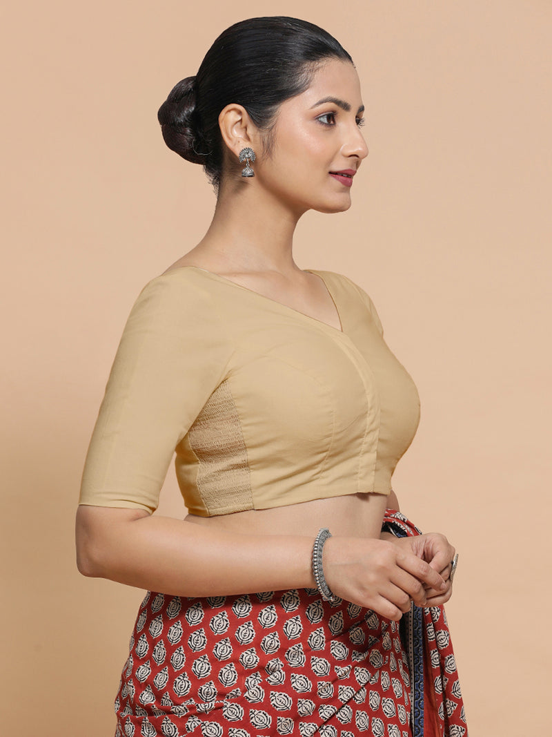 Sonia x Rozaana | Elbow Sleeves Saree Blouse in Ecru Beige Linen-Binks