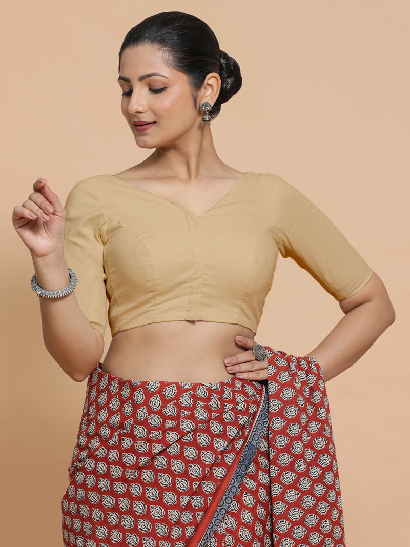 Sonia x Rozaana | Elbow Sleeves Saree Blouse in Ecru Beige Linen-Binks