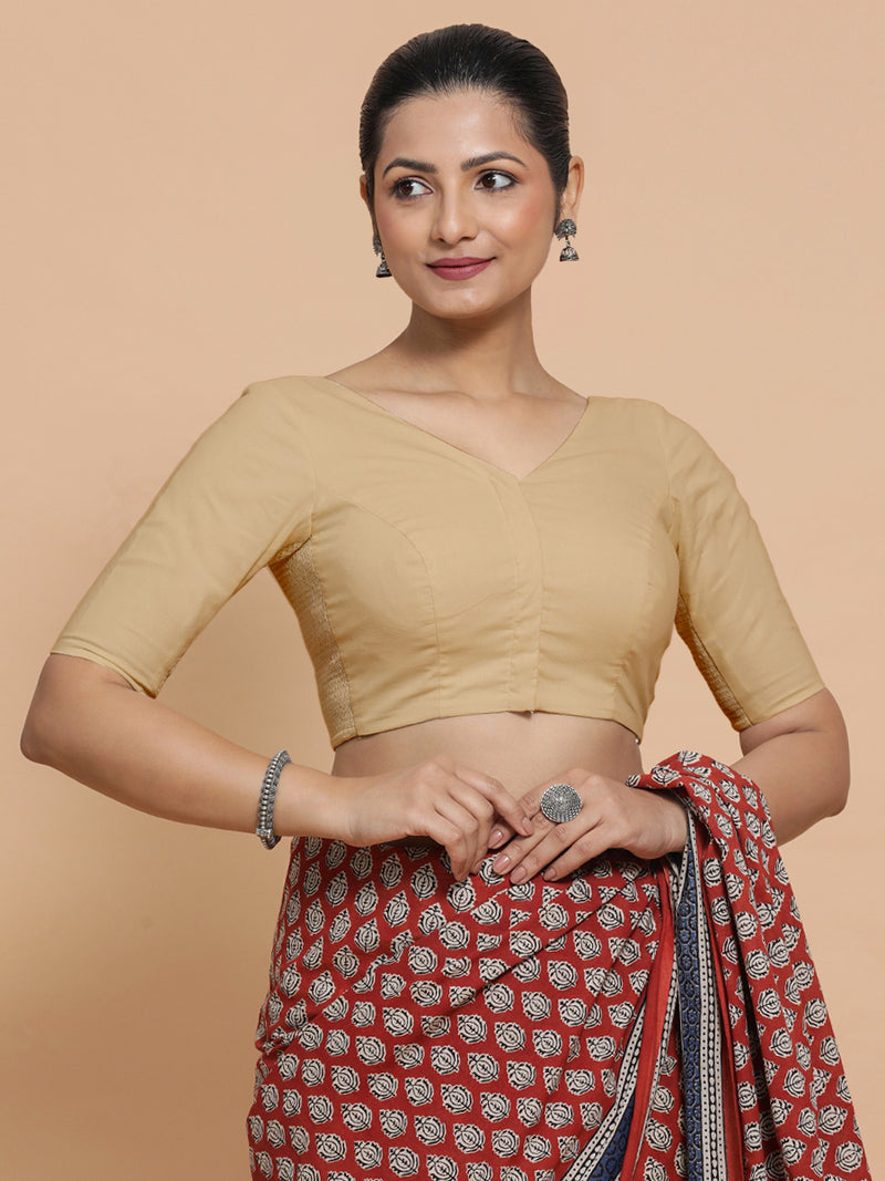 Sonia x Rozaana | Elbow Sleeves Saree Blouse in Ecru Beige Linen-Binks