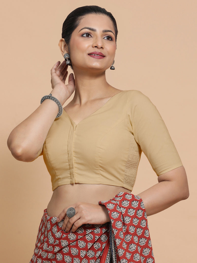 Sonia x Rozaana | Elbow Sleeves Saree Blouse in Ecru Beige Linen-Binks