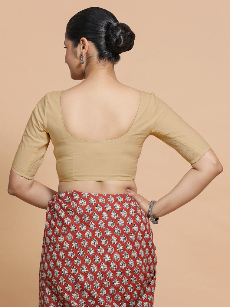Sonia x Rozaana Saree Blouse, in Beige Linen, featuring elbow sleeves and v-neckline, made for daily & work (view 2).
