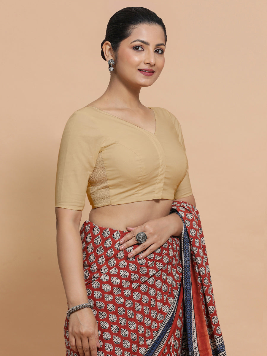 Sonia x Rozaana Saree Blouse, in Beige Linen, featuring elbow sleeves and v-neckline, made for daily & work (view 8).