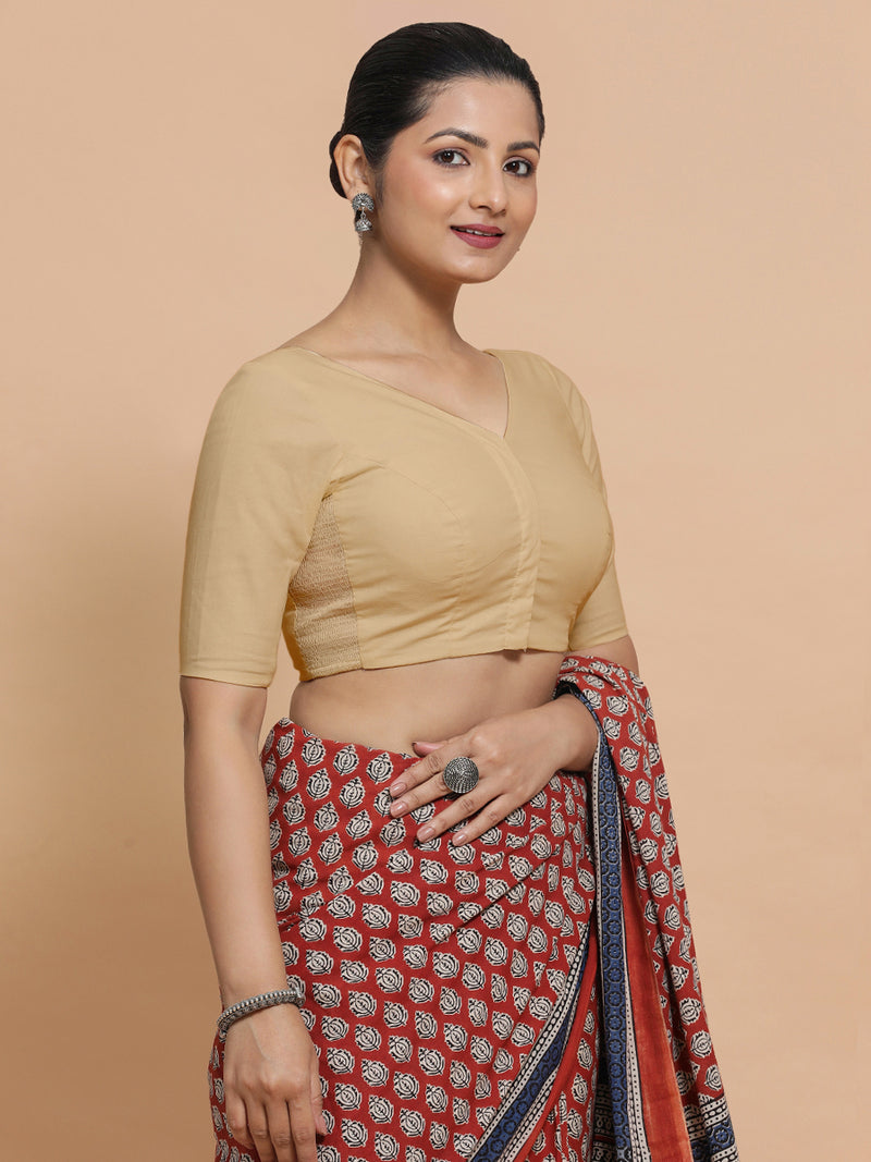 Sonia x Rozaana | Elbow Sleeves Saree Blouse in Ecru Beige Linen-Binks