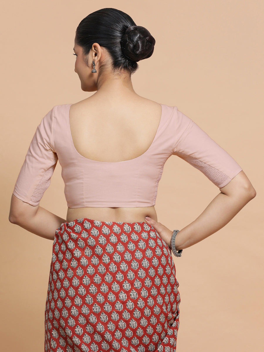 Sonia x Rozaana Saree Blouse, in Pink Linen, featuring elbow sleeves and v-neckline, made for daily & work (view 2).