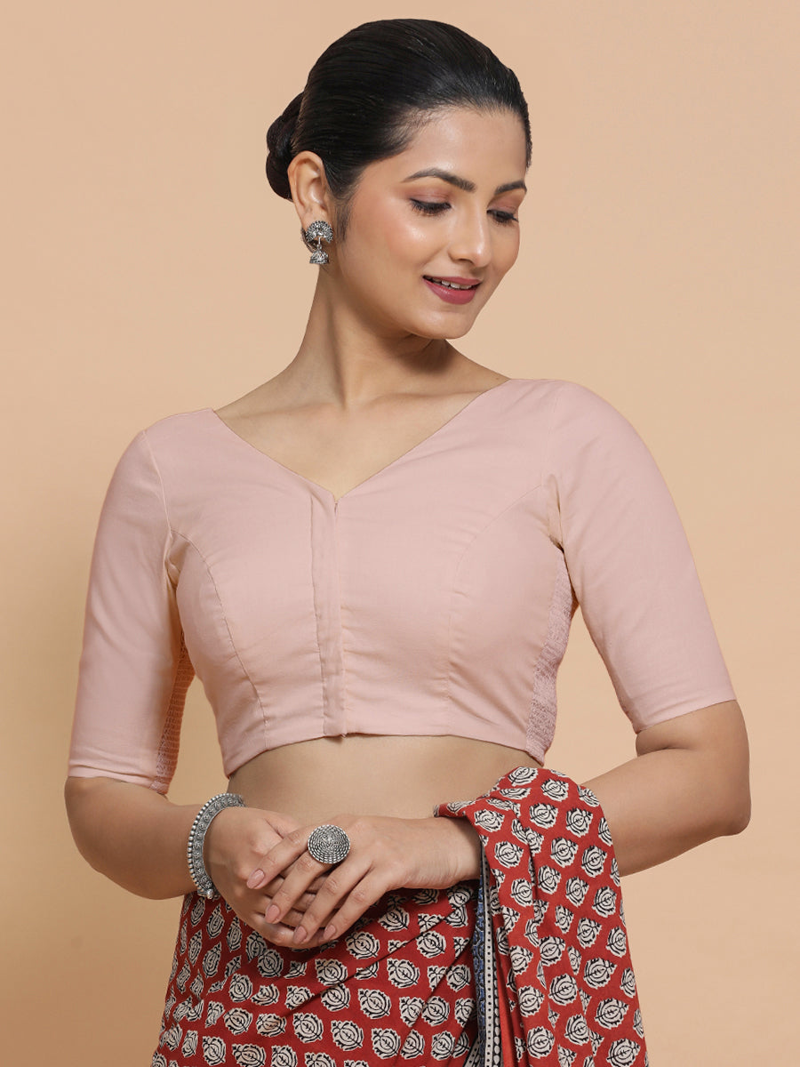 Sonia x Rozaana Saree Blouse, in Pink Linen, featuring elbow sleeves and v-neckline, made for daily & work (view 5).