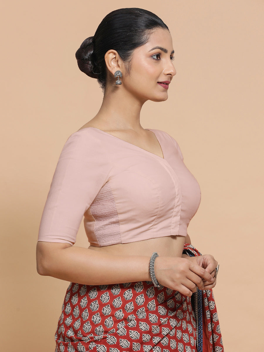 Sonia x Rozaana Saree Blouse, in Pink Linen, featuring elbow sleeves and v-neckline, made for daily & work (view 8).