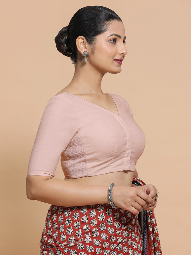 Sonia x Rozaana | Elbow Sleeves Saree Blouse in Misty Pink Linen-Binks