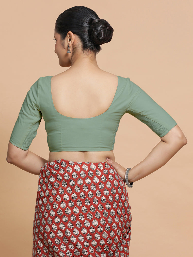 Sonia x Rozaana Saree Blouse, in Green Linen, featuring elbow sleeves and v-neckline, made for daily & work (view 2).