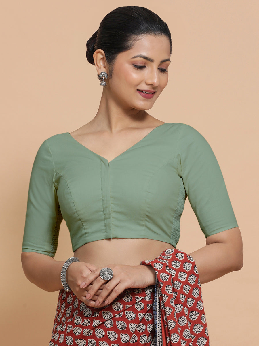 Sonia x Rozaana Saree Blouse, in Green Linen, featuring elbow sleeves and v-neckline, made for daily & work (view 5).