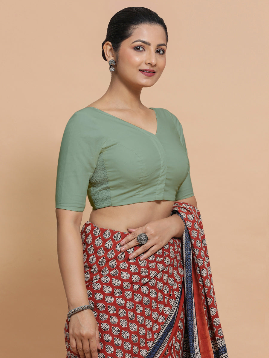Sonia x Rozaana Saree Blouse, in Green Linen, featuring elbow sleeves and v-neckline, made for daily & work (view 7).