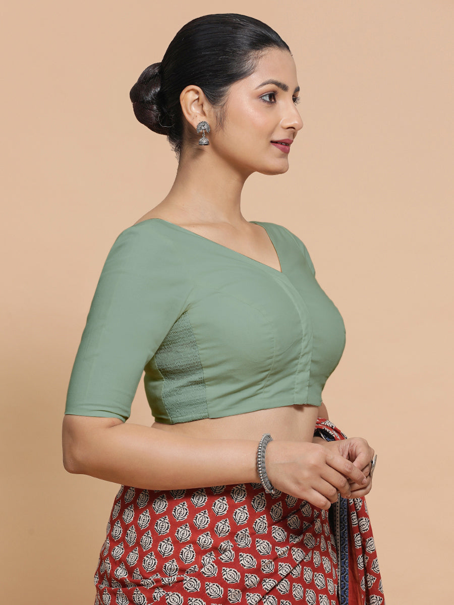 Sonia x Rozaana Saree Blouse, in Green Linen, featuring elbow sleeves and v-neckline, made for daily & work (view 8).