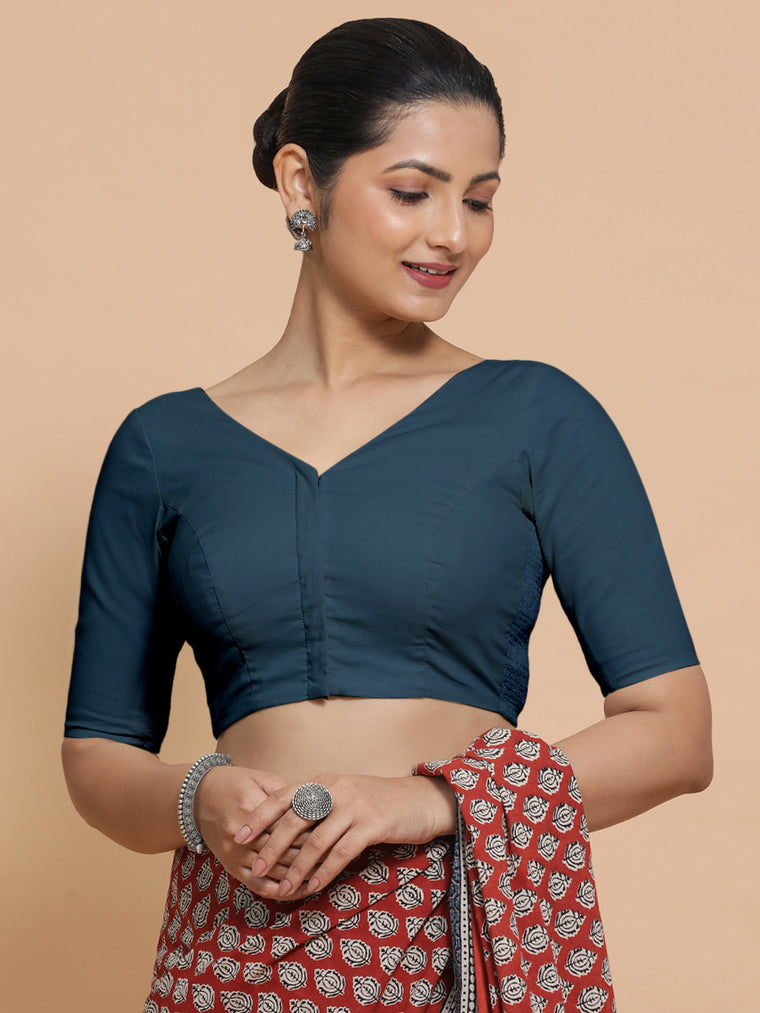 Sonia x Rozaana Saree Blouse, in Blue Linen, featuring elbow sleeves and v-neckline, made for daily & work.